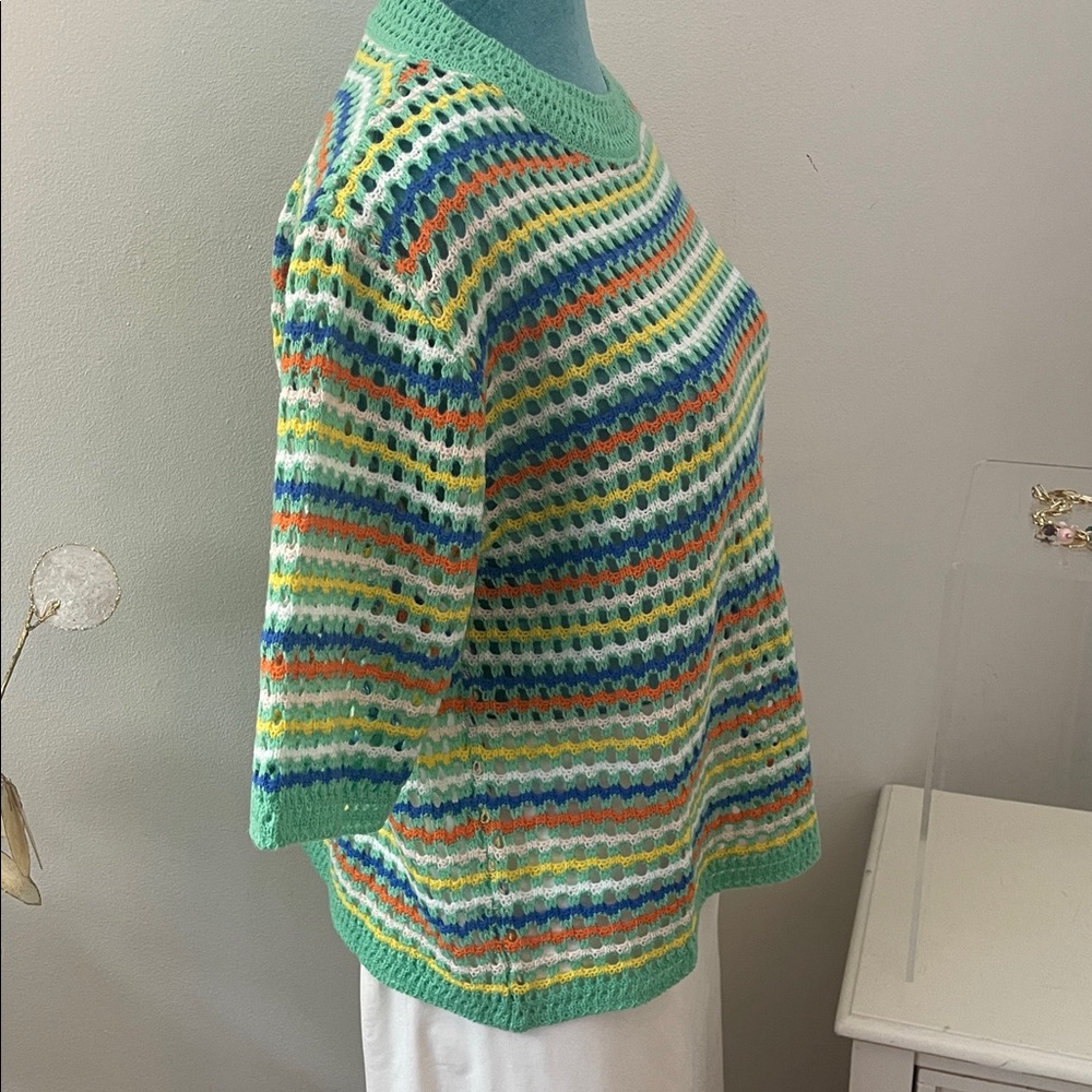 Striped Green Pastel Short-Sleeve Crochet Knit Sweater - Picture 4 of 9